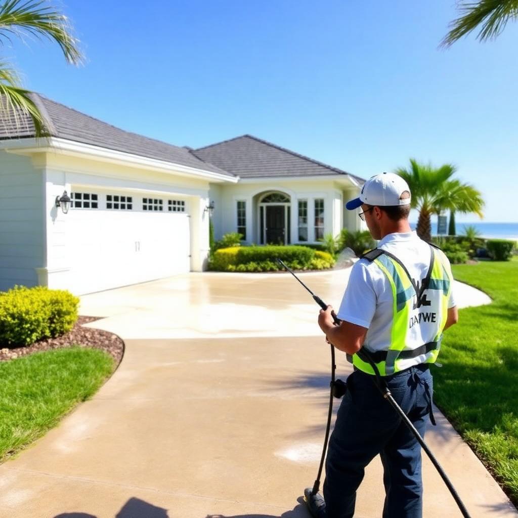 Worker pressure washing a clean concrete driveway
