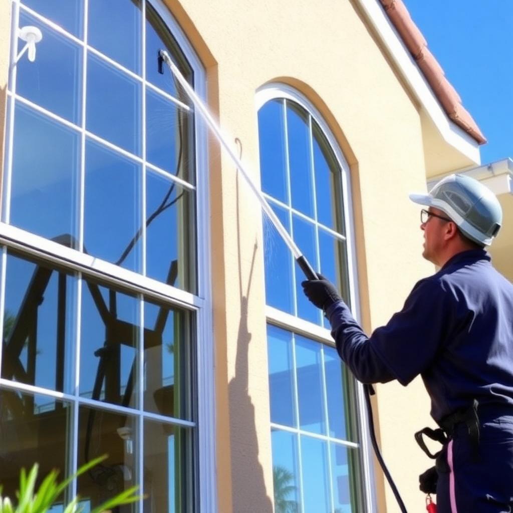 Pro using a water-fed pole to clean a home's windows