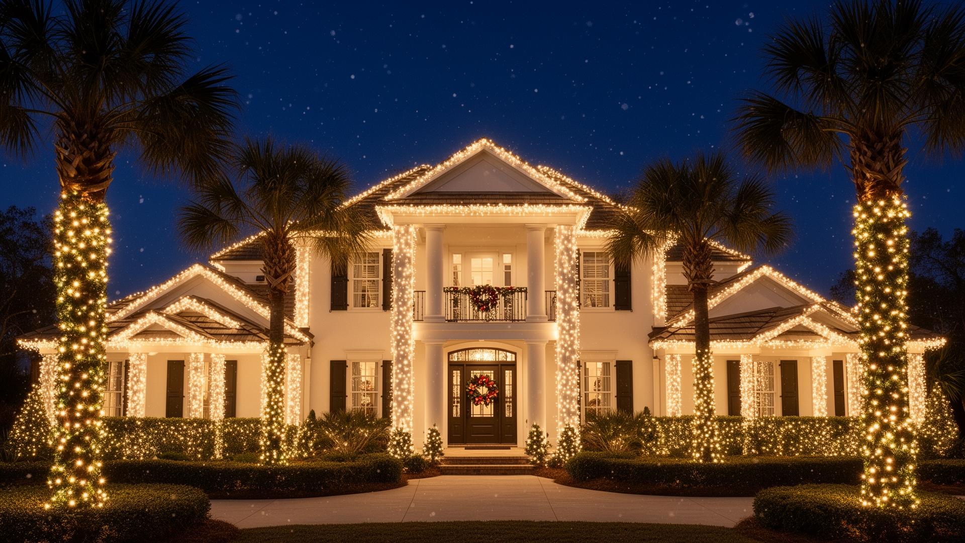 Two-story home with warm white C9 Christmas lights, wrapped palm trees and lit landscaping at night