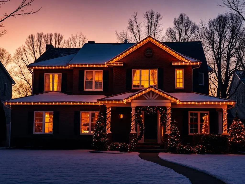 The same home after WAHOO! installed warm white roofline Christmas lights